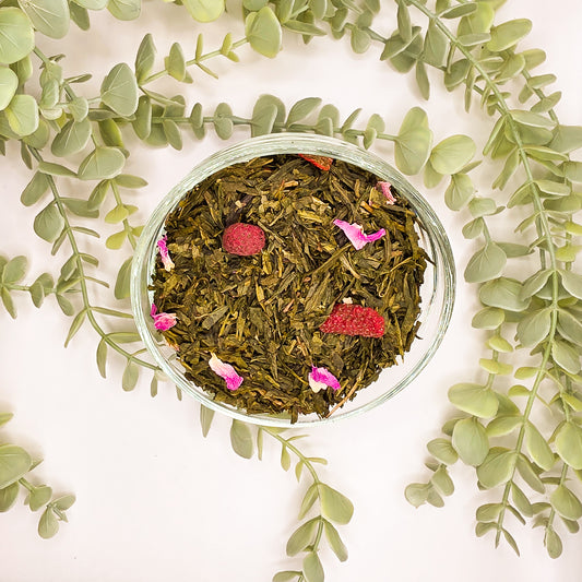 Rubis de Chine thé vert en vrac – mélange Sencha fraise framboise China White Monkey Jasmin Dragon Pearls pétales de rose – Le Lab'oh des Thés