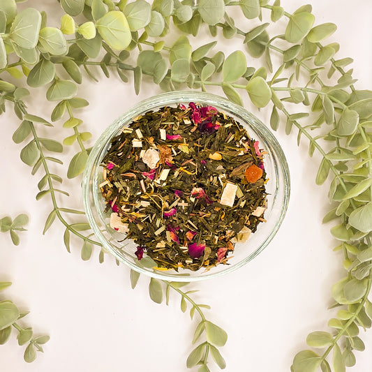 Passion Givrée thé vert en vrac – mélange Sencha citronnelle ananas papaye pétales de rose fleurs de souci passiflore – Le Lab'oh des Thés