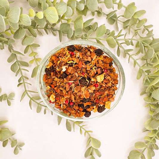 Verger des Péchés infusion en vrac – mélange pomme rooibos raisin carotte pêche fleurs de souci poivre rose – Le Lab'oh des Thés