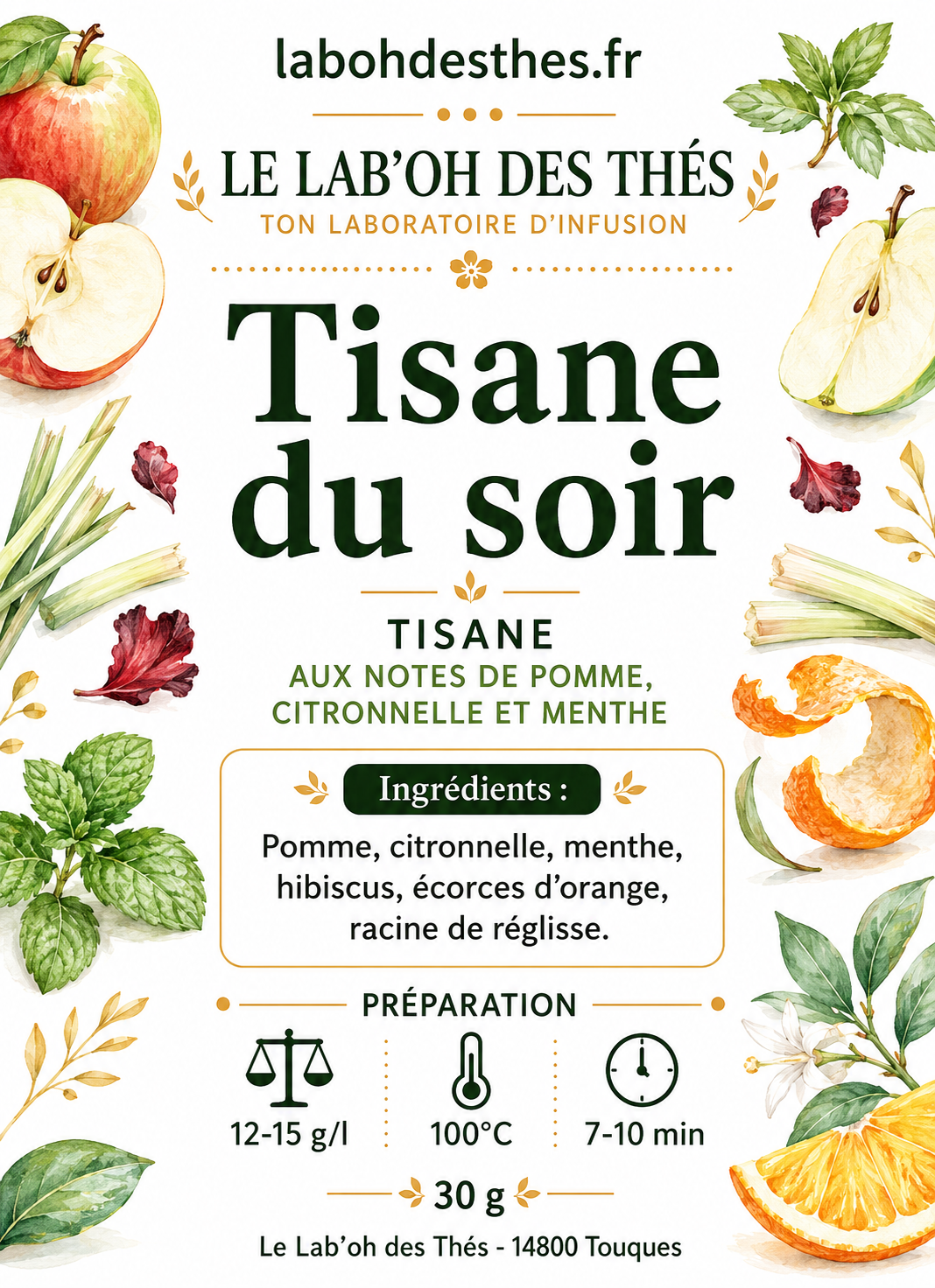 Étiquette Tisane du Soir – composition pomme menthe citronnelle hibiscus écorces d'orange réglisse – Le Lab'oh des Thés