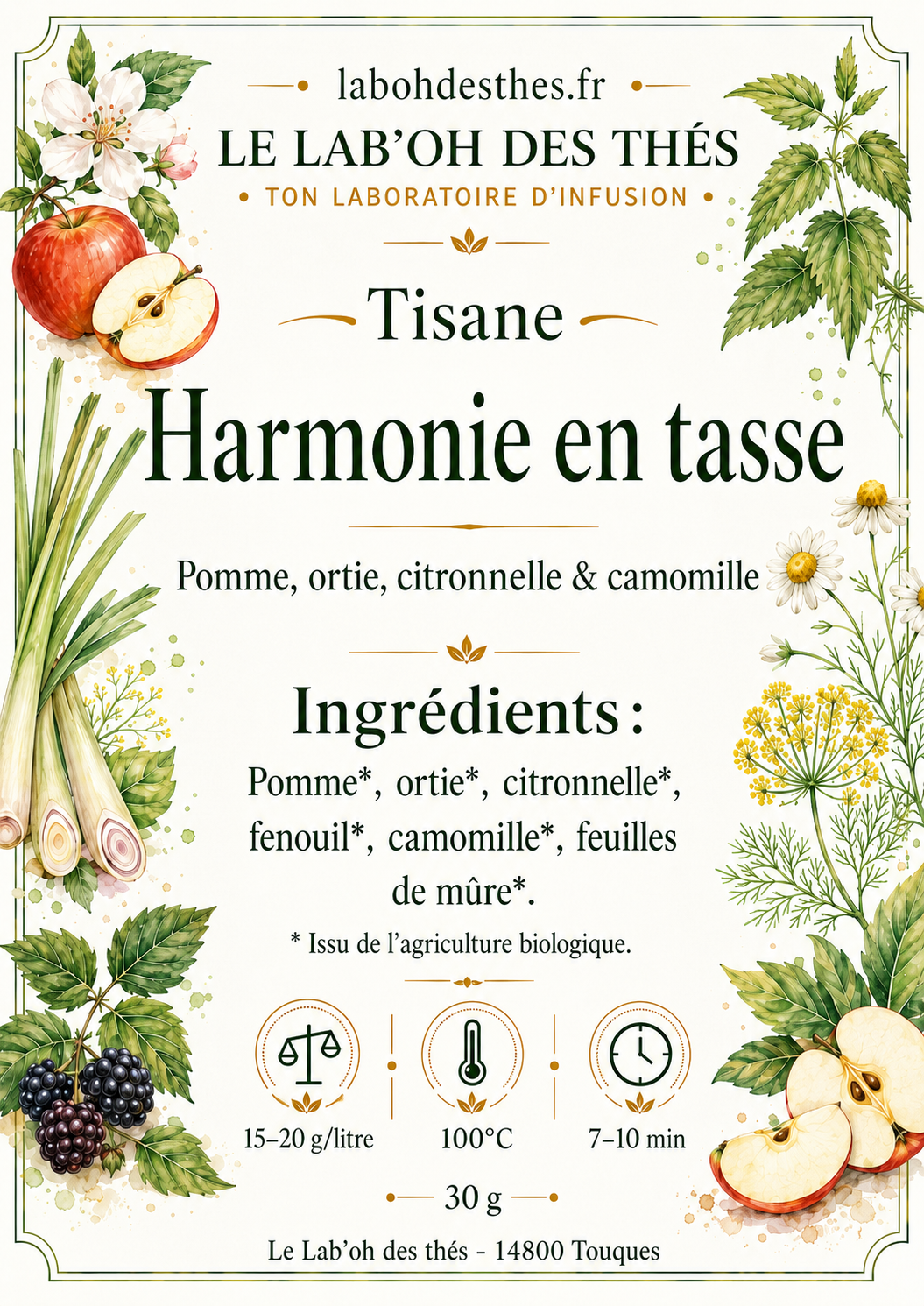 Étiquette Harmonie en Tasse – composition pomme ortie citronnelle fenouil camomille feuilles de mûre sans théine – Le Lab'oh des Thés