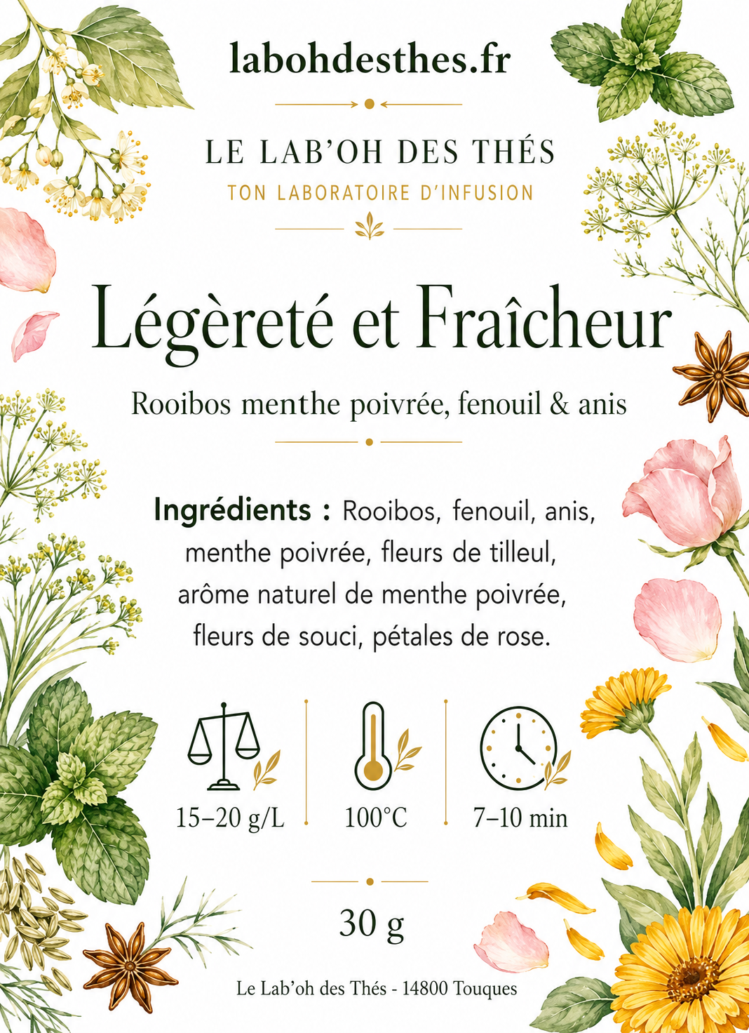 Étiquette Rooibos Légèreté et Fraîcheur - composition rooibos menthe fenouil anis digestif
