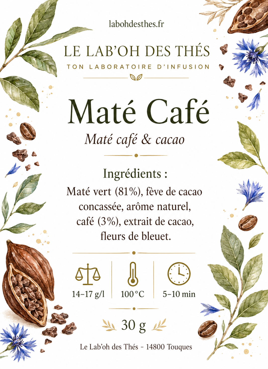 Étiquette Maté Café – composition maté vert fève de cacao café extrait de cacao fleurs de bleuet – Le Lab'oh des Thés