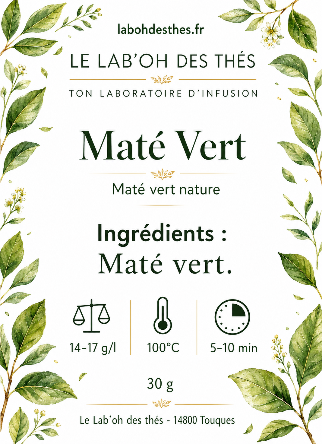 Étiquette Maté Vert – yerba maté d'Argentine contient de la caféine – Le Lab'oh des Thés