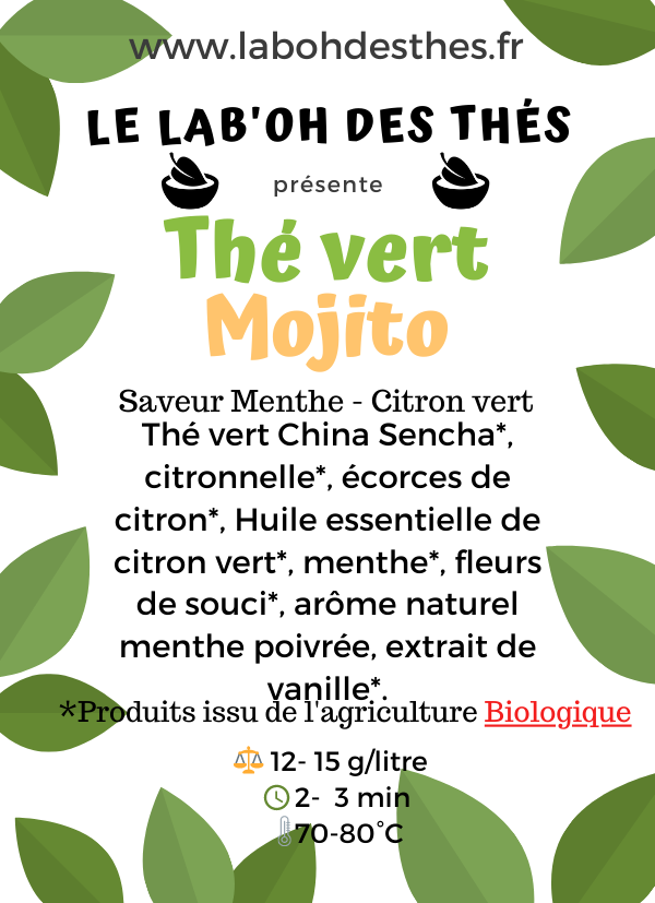 Étiquette Thé Vert Mojito - composition sencha menthe citron vert citronnelle rafraîchissant