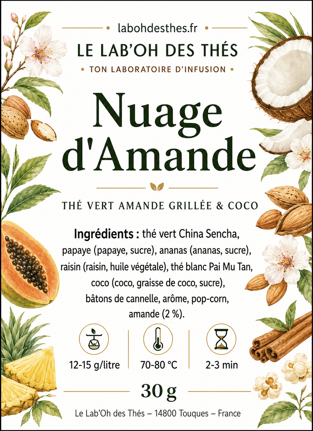 Étiquette Nuage d'Amande – thé vert amande grillée coco cannelle pop-corn allergène amande – Le Lab'oh des Thés