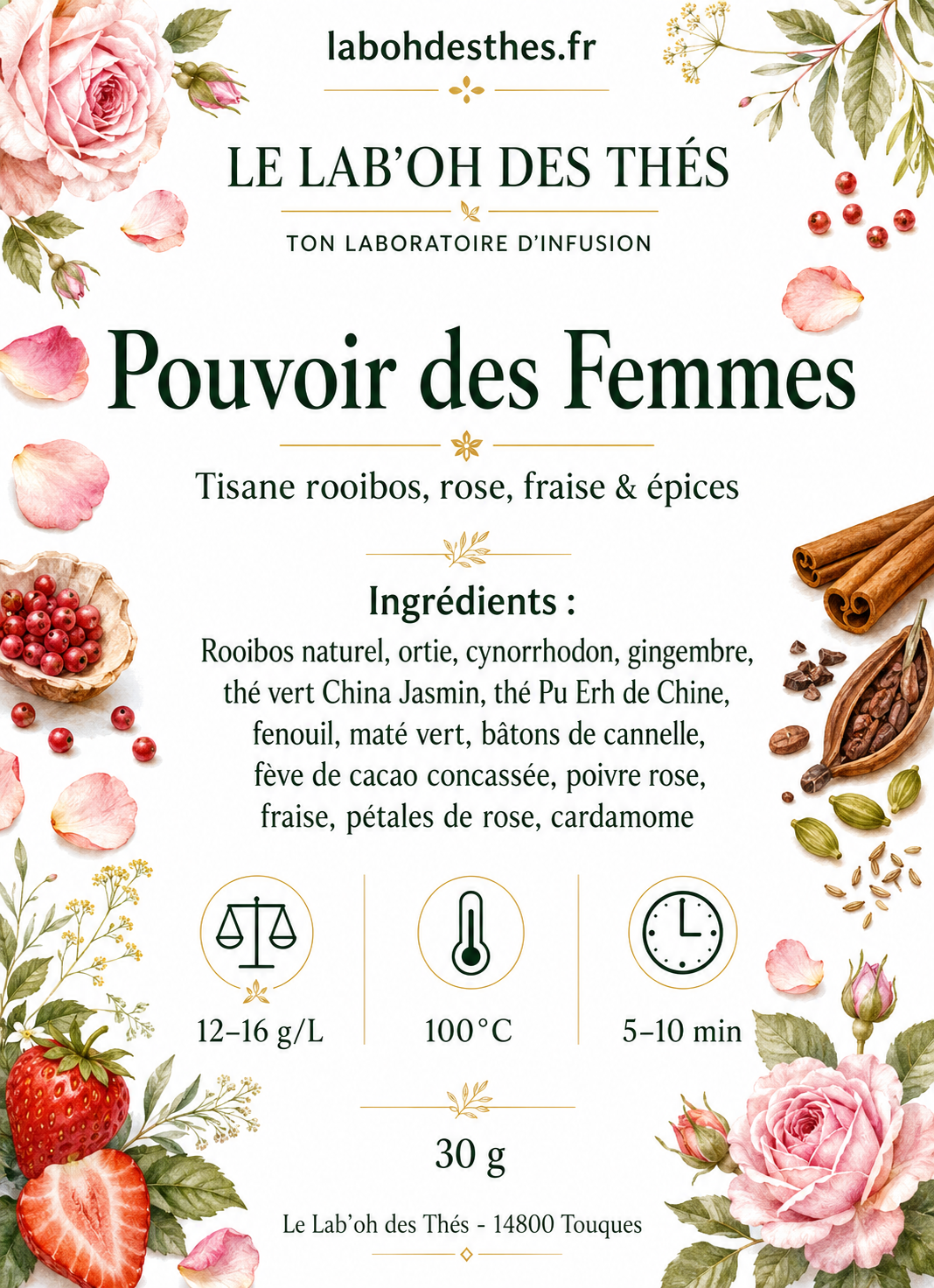 Étiquette Infusion Pouvoir des Femmes – composition rooibos ortie cynorrhodon thé vert jasmin maté gingembre cacao rose – Le Lab'oh des Thés