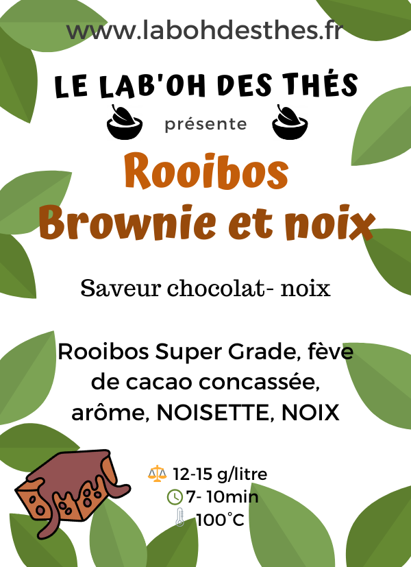 Étiquette Rooibos Brownie et Noix - composition rooibos cacao noisettes noix gourmand