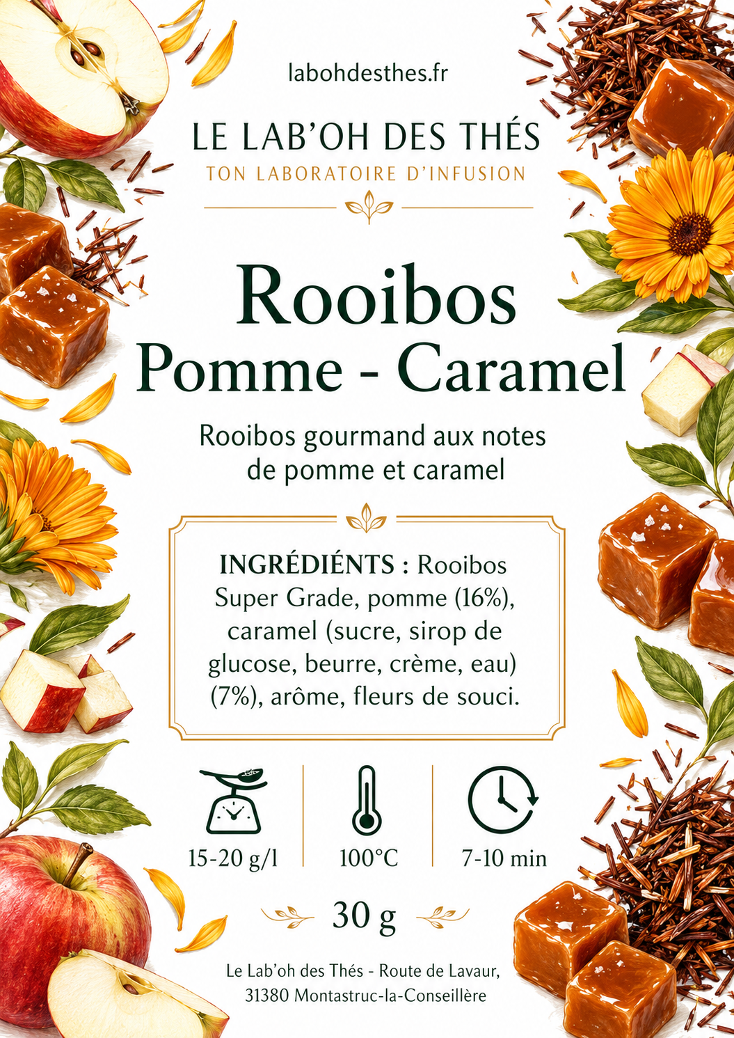 Étiquette Rooibos Pomme Caramel – composition rooibos super grade pomme caramel sans théine – Le Lab'oh des Thés