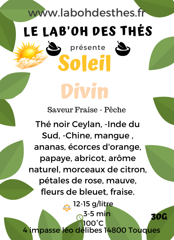 Étiquette Soleil Divin – thé noir fruité fraise pêche floral – Lab'oh des Thés