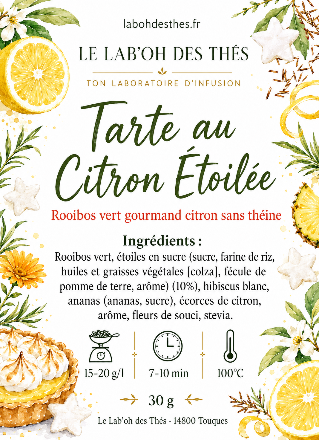 Étiquette Tarte au Citron Étoilée – composition rooibos vert citron ananas hibiscus blanc étoiles de sucre sans théine – Le Lab'oh des Thés
