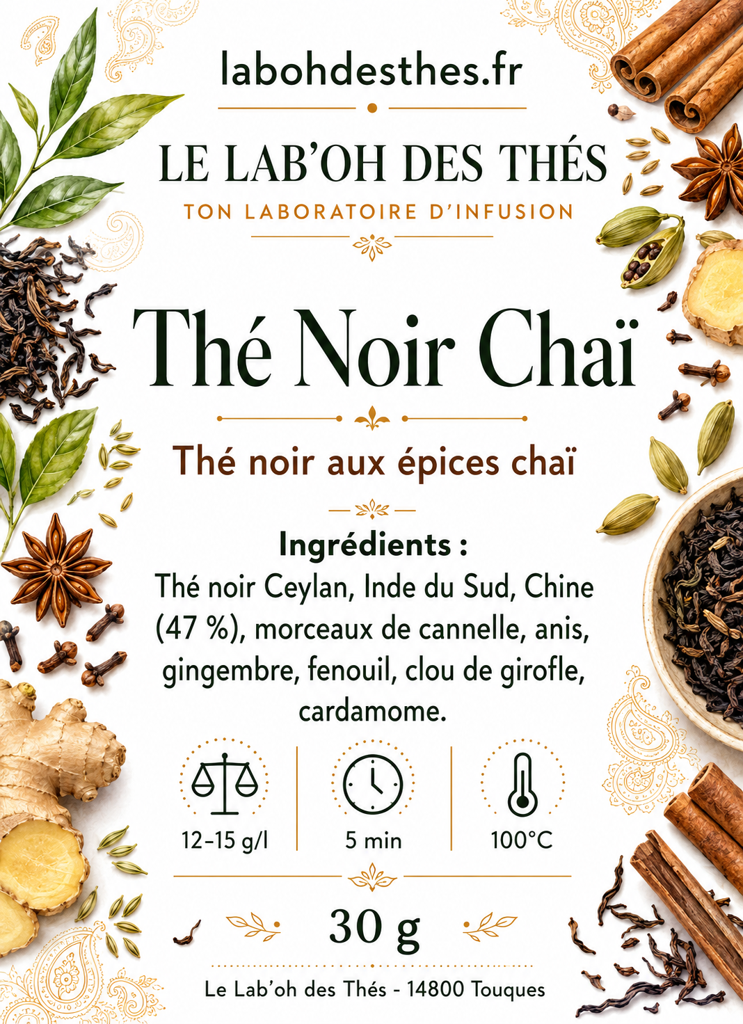 Thé Noir Chaï – Mélange Épicé Indien Assam, Cannelle & Gingembre