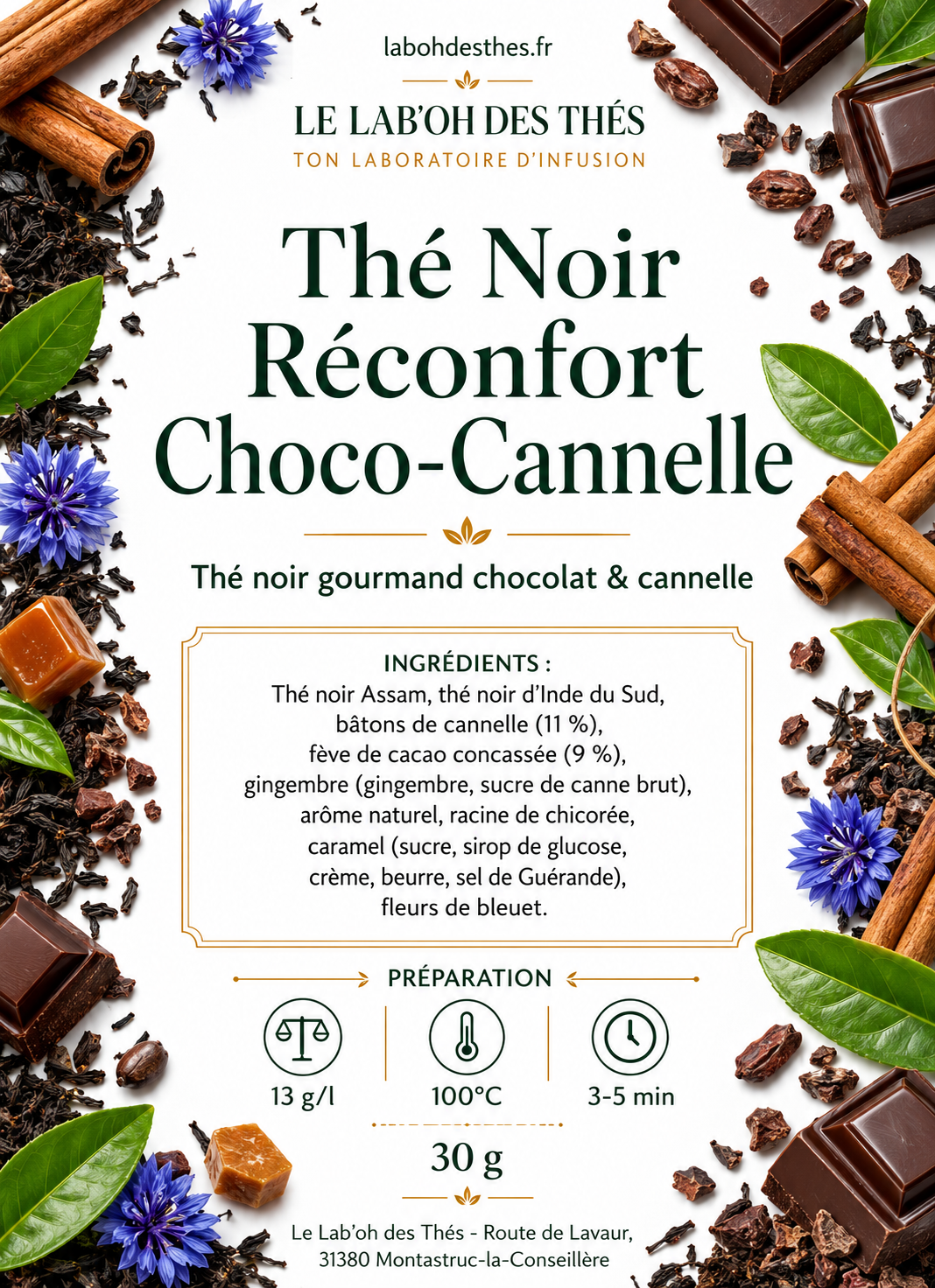 Étiquette Thé Noir Réconfort Choco-Cannelle bio - composition assam chocolat cannelle caramel