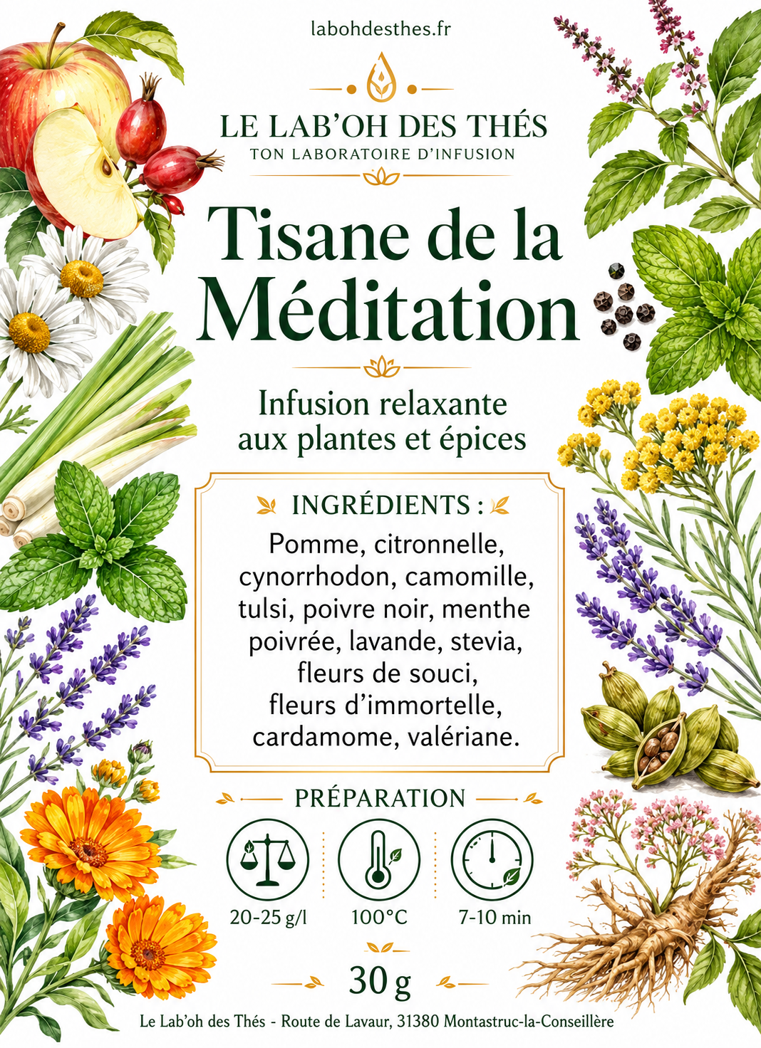 Étiquette Tisane de la Méditation - composition valériane tulsi camomille lavande apaisante zen