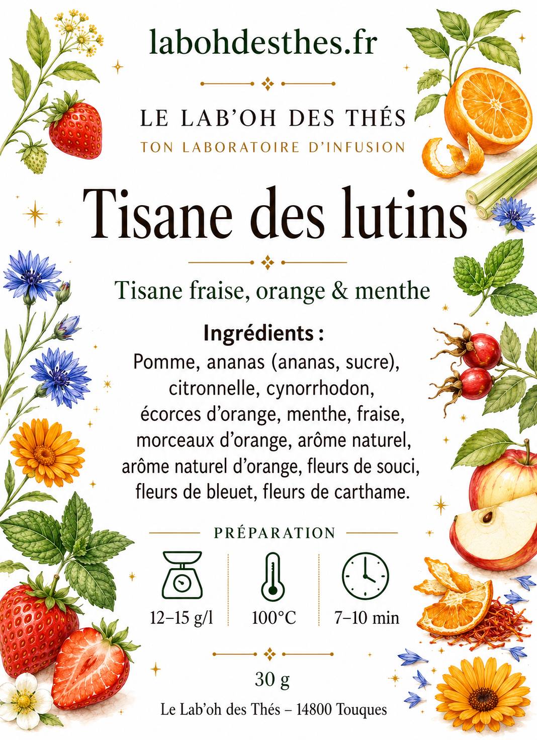 Étiquette Tisane des Lutins – composition fraise orange pomme ananas menthe fleurs de souci – Le Lab'oh des Thés