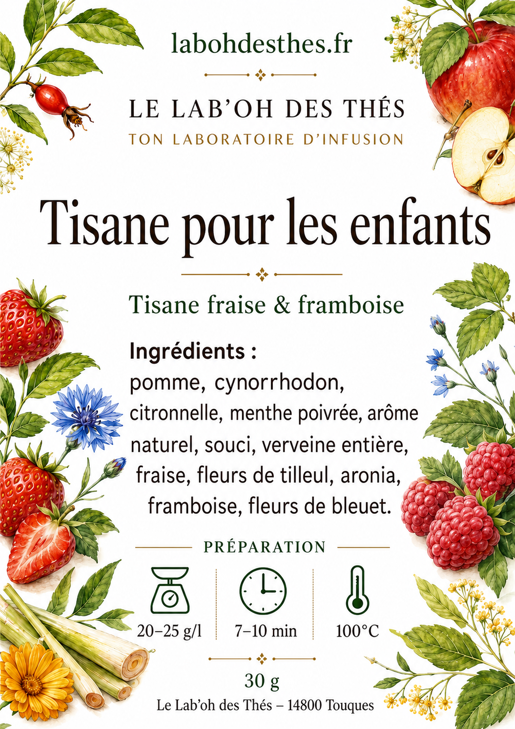 Étiquette Tisane pour Enfants - composition fraise framboise pomme verveine tilleul sans théine