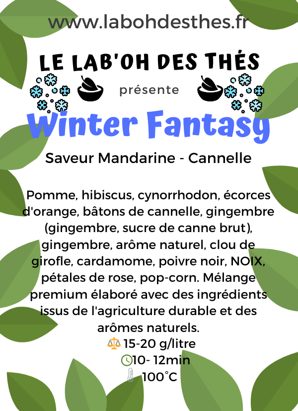 Étiquette Winter Fantasy – composition mandarine cannelle gingembre hibiscus cynorrhodon épices – Le Lab'oh des Thés