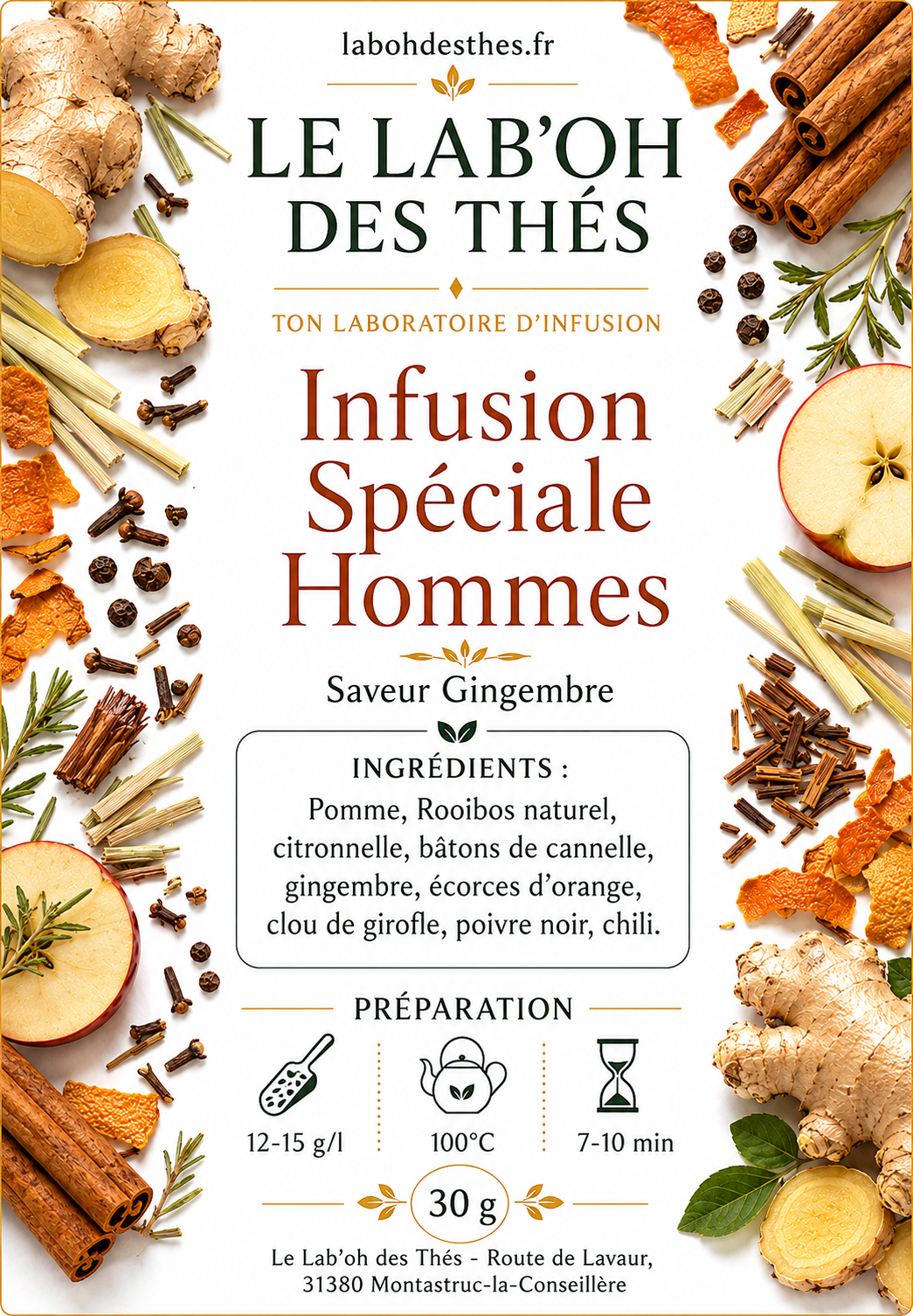 Étiquette Infusion Spéciale Hommes – Rooibos Épicé Vitalité Sans Théine – Le Lab'oh des Thés