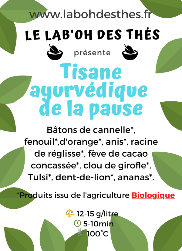 Étiquette Tisane Ayurvédique de la Pause – composition cannelle tulsi gingembre fenouil anis réglisse cacao – Le Lab'oh des Thés