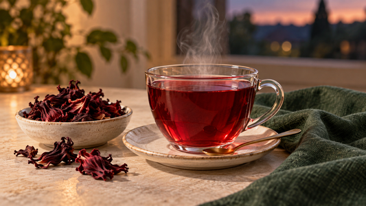 Tasse en verre d’infusion rouge à l’hibiscus, accompagnée de calices séchés, dans une ambiance de soirée.
