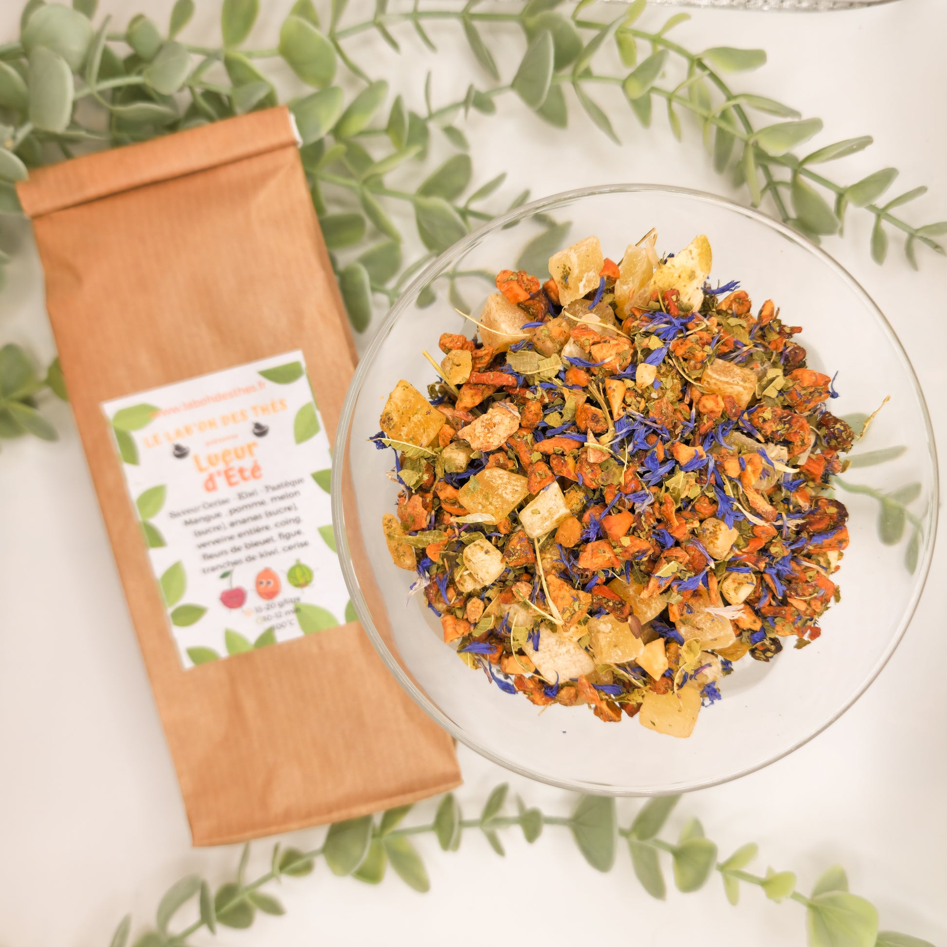 Tisane Lueur d'Été en sachet et vrac – mangue cerise kiwi melon ananas verveine sans théine – Le Lab'oh des Thés