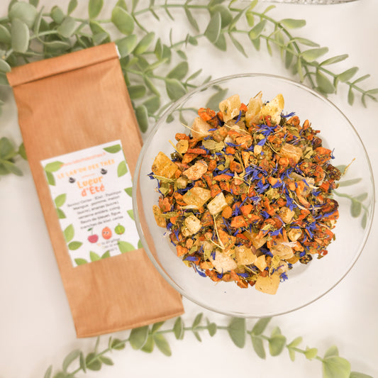 Tisane Lueur d'Été en sachet et vrac – mangue cerise kiwi melon ananas verveine sans théine – Le Lab'oh des Thés
