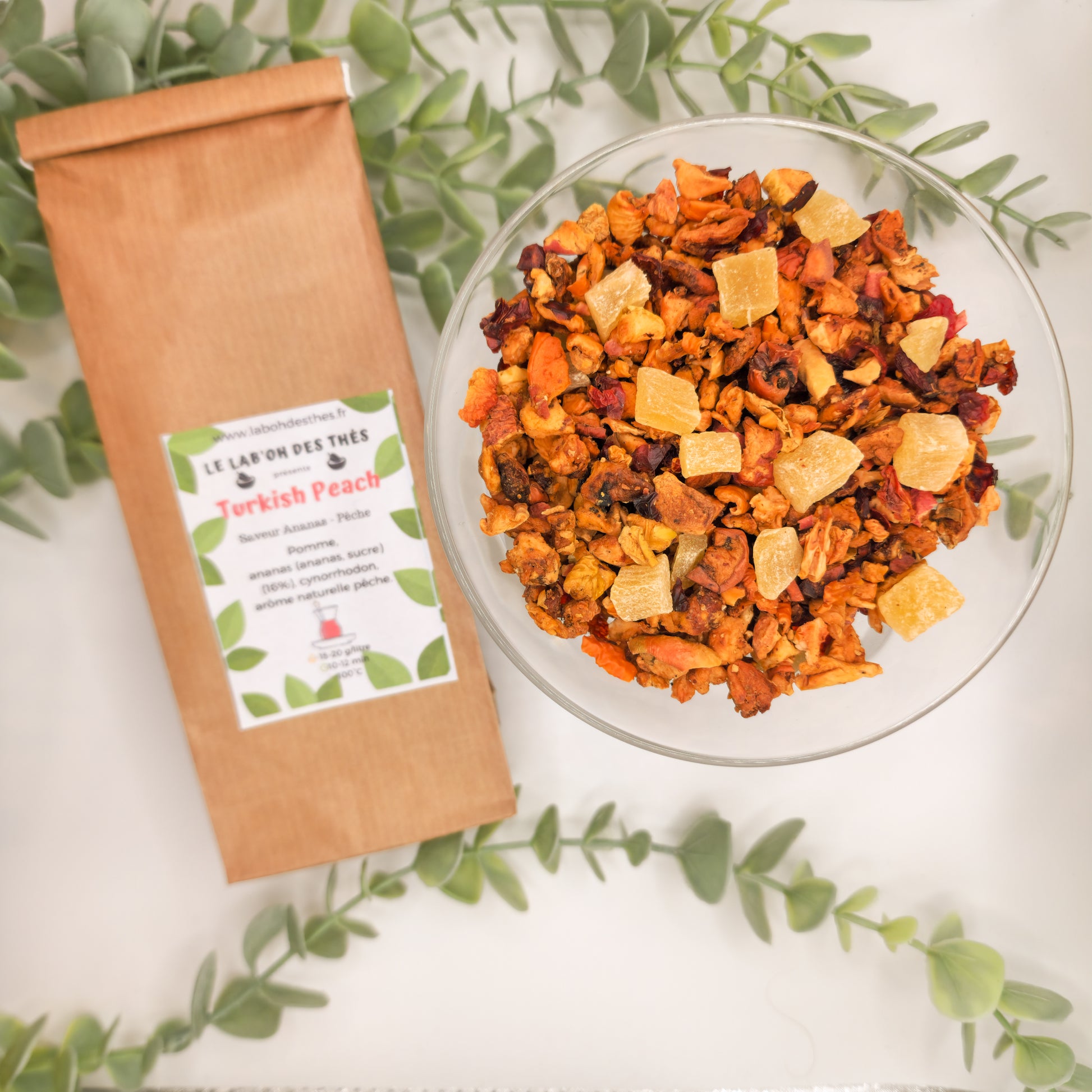 Tisane Turkish Peach en sachet et vrac – pomme ananas pêche cynorrhodon sans théine – Le Lab'oh des Thés