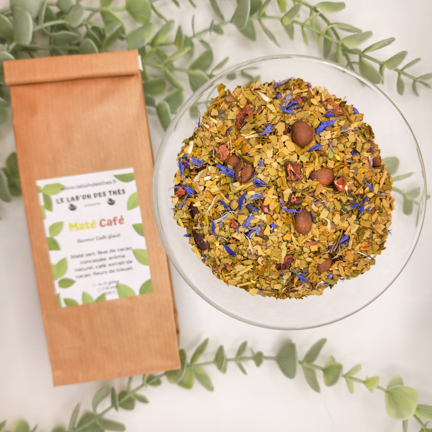Maté Café en sachet et vrac – maté vert fève de cacao café fleurs de bleuet – Le Lab'oh des Thés