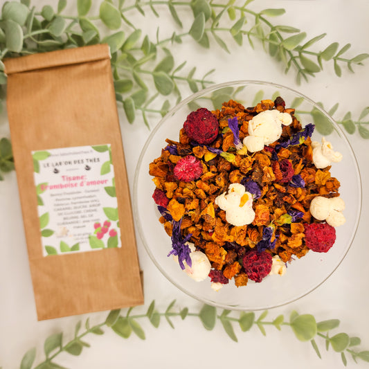 Tisane Framboise d'Amour en vrac - tisane fruitée framboise caramel pop-corn 30g ou 90g