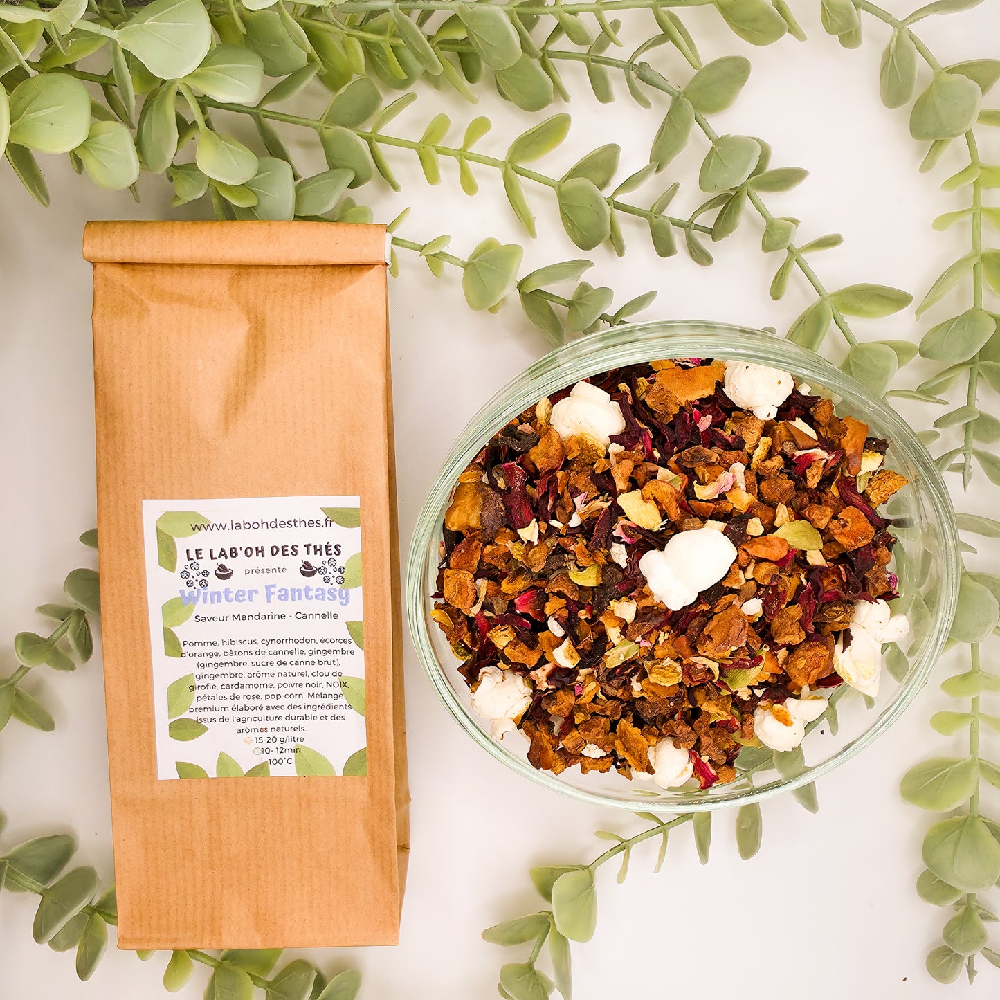 Winter Fantasy infusion en sachet et vrac – mandarine cannelle gingembre hibiscus épices d'hiver – Le Lab'oh des Thés