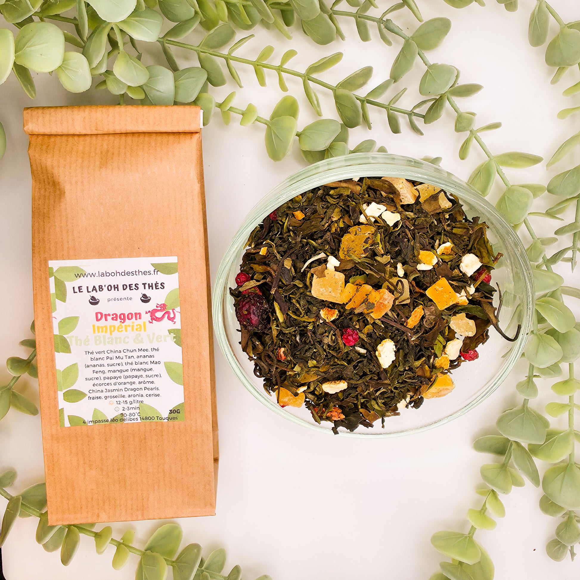 Dragon Impérial thé vert et blanc en sachet et vrac – mélange litchi pêche jasmin mangue fruits rouges – Le Lab'oh des Thés