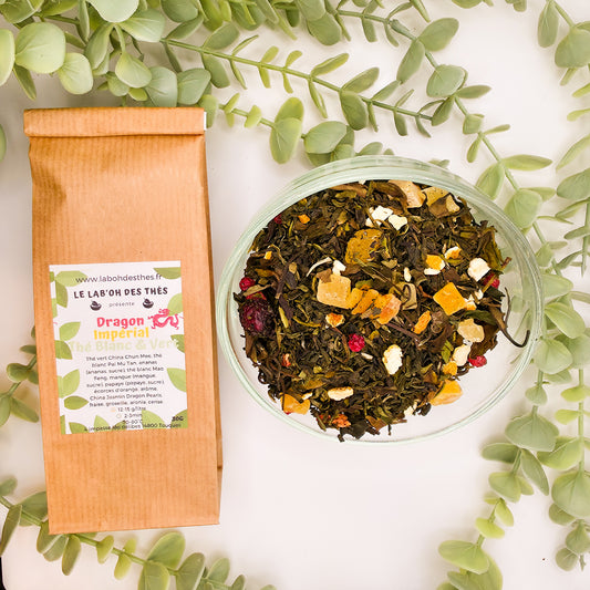 Dragon Impérial thé vert et blanc en sachet et vrac – mélange litchi pêche jasmin mangue fruits rouges – Le Lab'oh des Thés