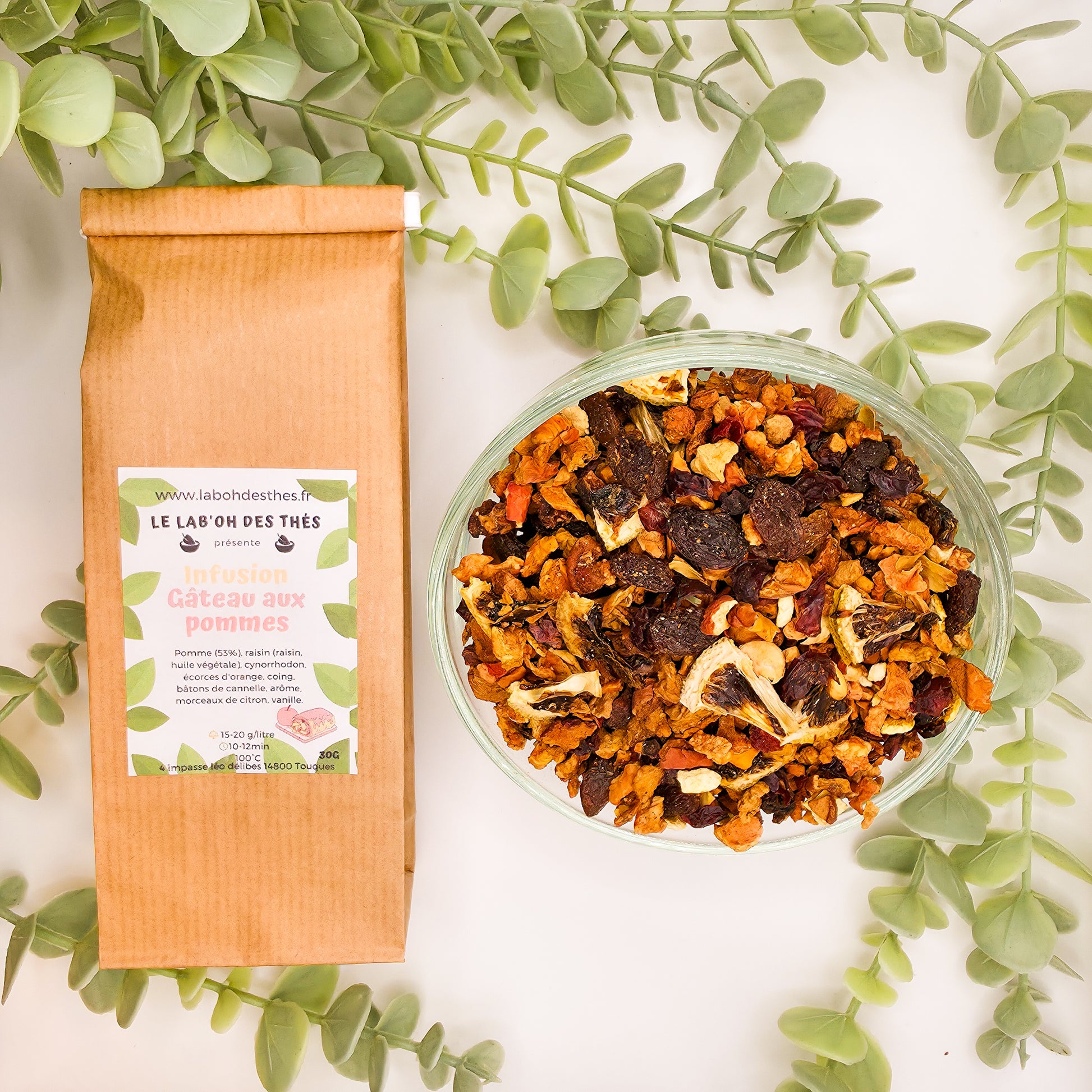 Infusion Gâteau aux Pommes en sachet et vrac – pomme cannelle vanille raisin cynorrhodon coing orange citron – Le Lab'oh des Thés