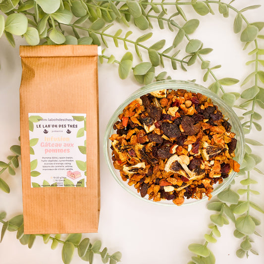 Infusion Gâteau aux Pommes en sachet et vrac – pomme cannelle vanille cynorrhodon – Le Lab'oh des Thés