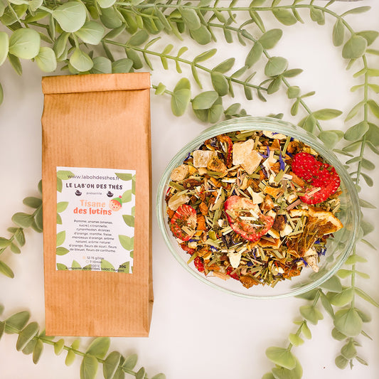 Tisane des Lutins en sachet et vrac – fraise orange pomme ananas menthe sans théine – Le Lab'oh des Thés