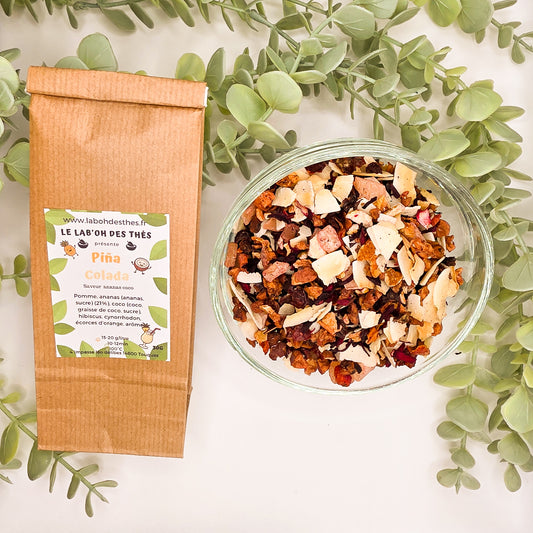 Infusion Piña Colada en sachet et vrac – pomme ananas noix de coco hibiscus cynorrhodon écorces d'orange sans théine – Le Lab'oh des Thés