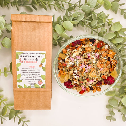 Infusion Flamant Rose en sachet et vrac – pomme citronnelle ananas fraise hibiscus baies de goji canneberge menthe – Le Lab'oh des Thés