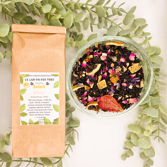 Soleil Divin thé noir en vrac – notes de fraise pêche mangue fleurs – sachet 30g et 90g – Lab'oh des Thés