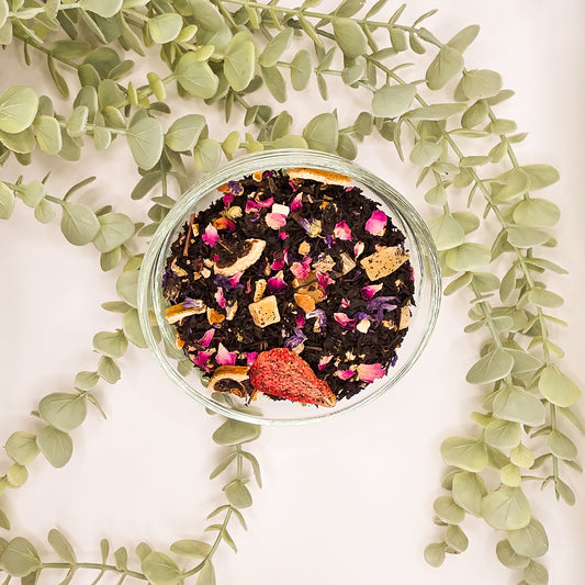 Mélange thé noir Soleil Divin – fraise pêche ananas papaye pétales de rose – Lab'oh des Thés