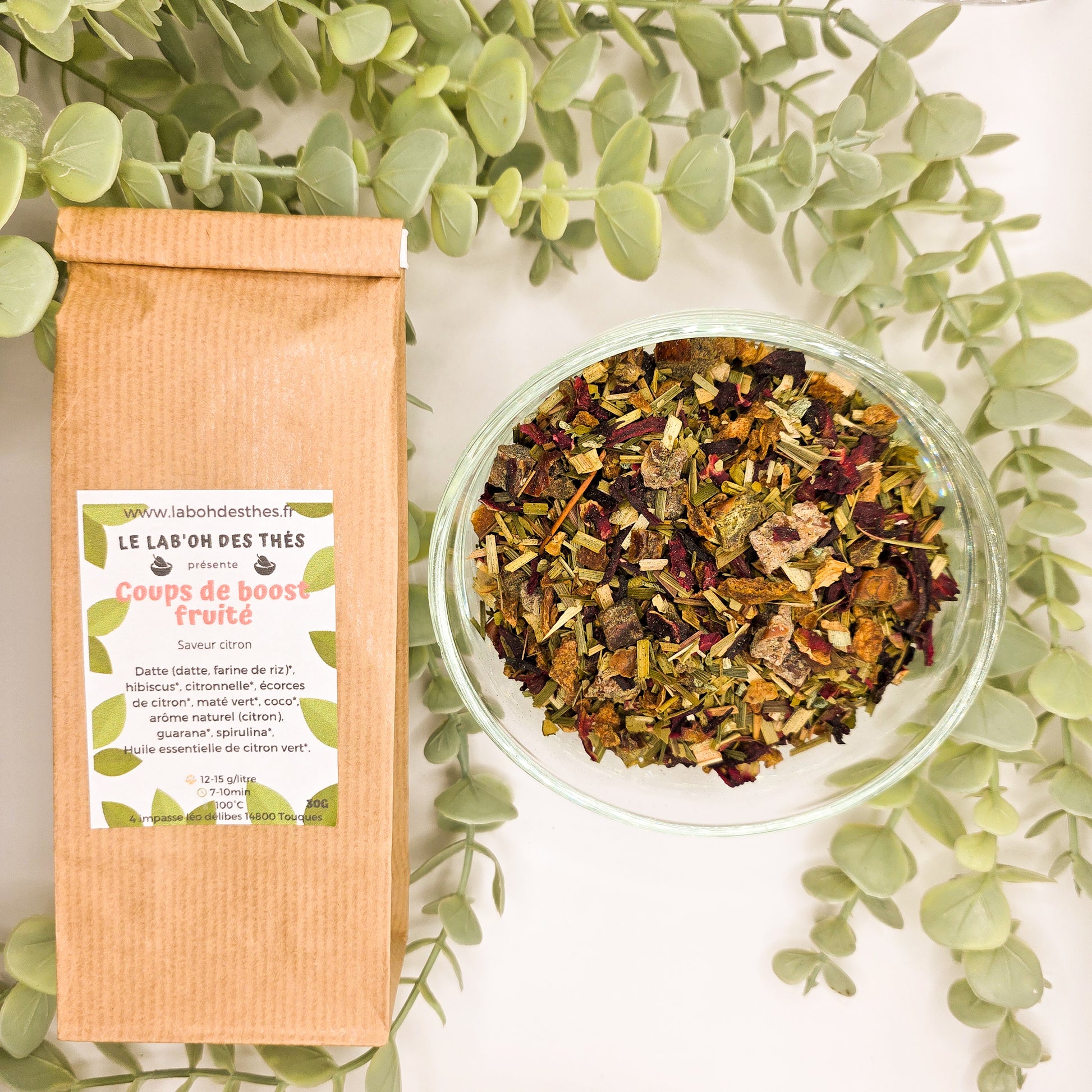  Infusion Coups de Boost Fruité citron maté guarana – sachet 30g et 90g – Lab'oh des Thés
