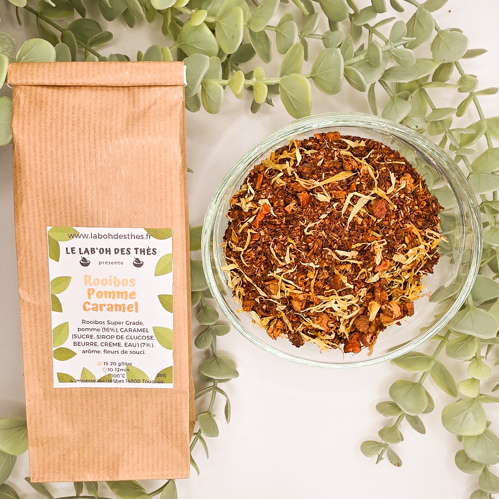 Rooibos Pomme Caramel infusion gourmande sans théine – sachet 30g et 90g – Lab'oh des Thés
