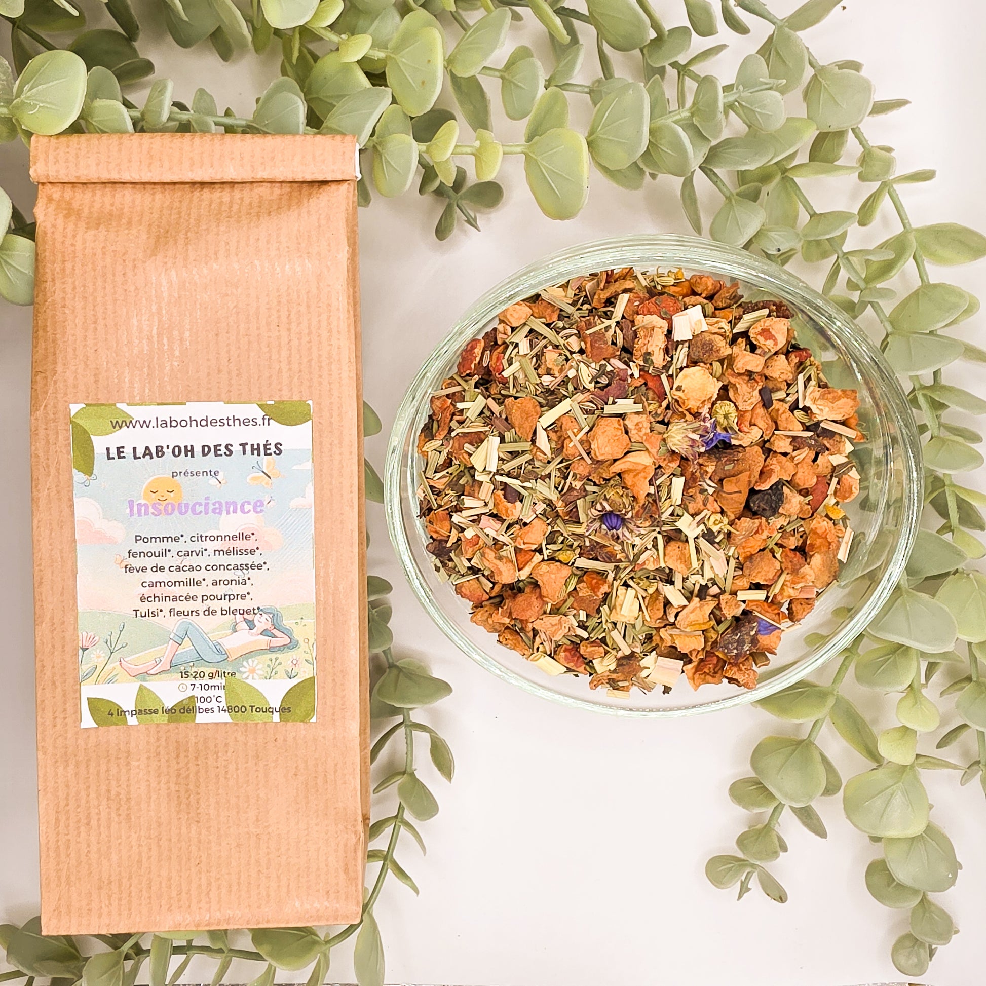 Tisane Insouciance apaisante – mélisse camomille tulsi fenouil – sachet 30g et 90g – Lab'oh des Thés
