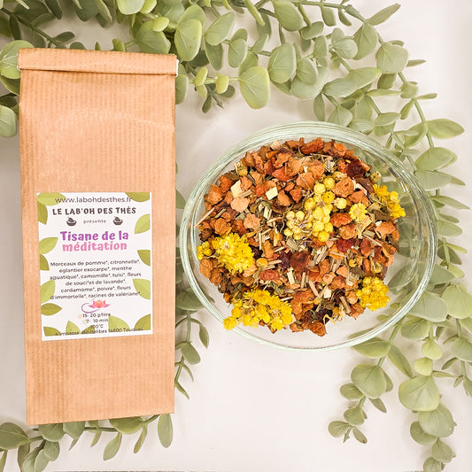 Tisane de la Méditation valériane camomille lavande tulsi – sachet 30g et 90g – Lab'oh des Thés
