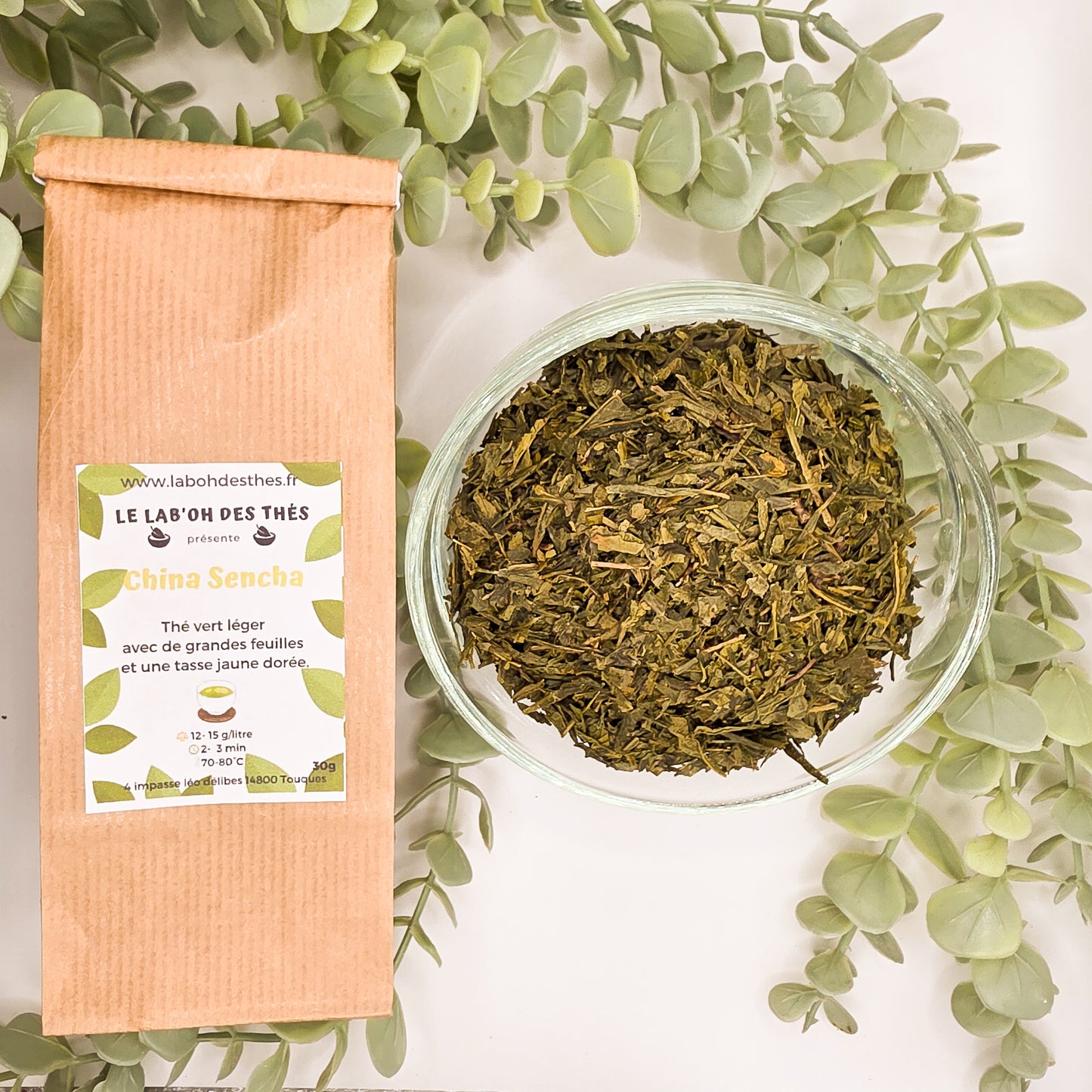 Thé vert China Sencha en vrac – feuilles longues vert foncé – sachet 30g et 90g – Le Lab'oh des Thés
