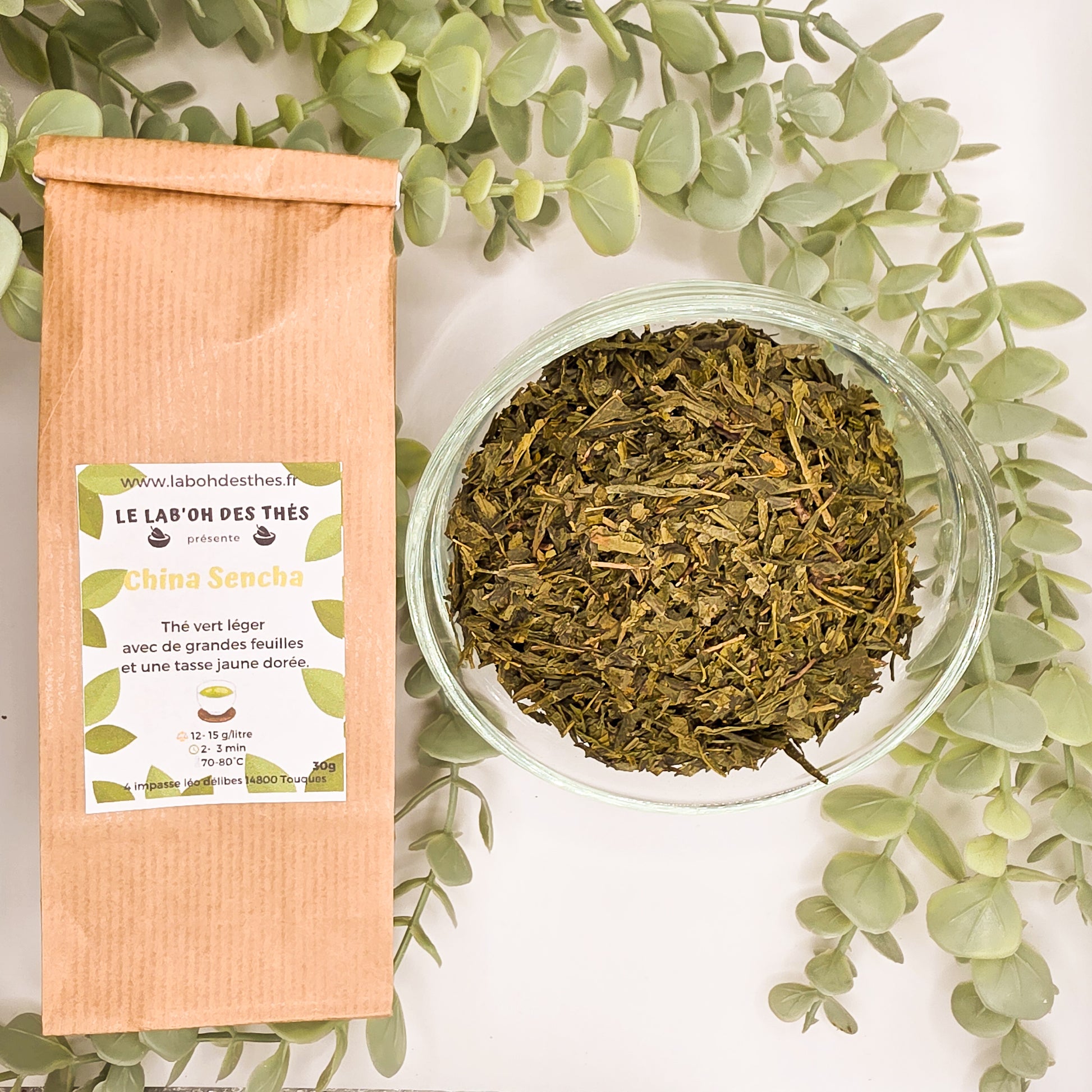 Thé vert China Sencha en vrac – feuilles longues vert foncé – sachet 30g et 90g – Le Lab'oh des Thés
