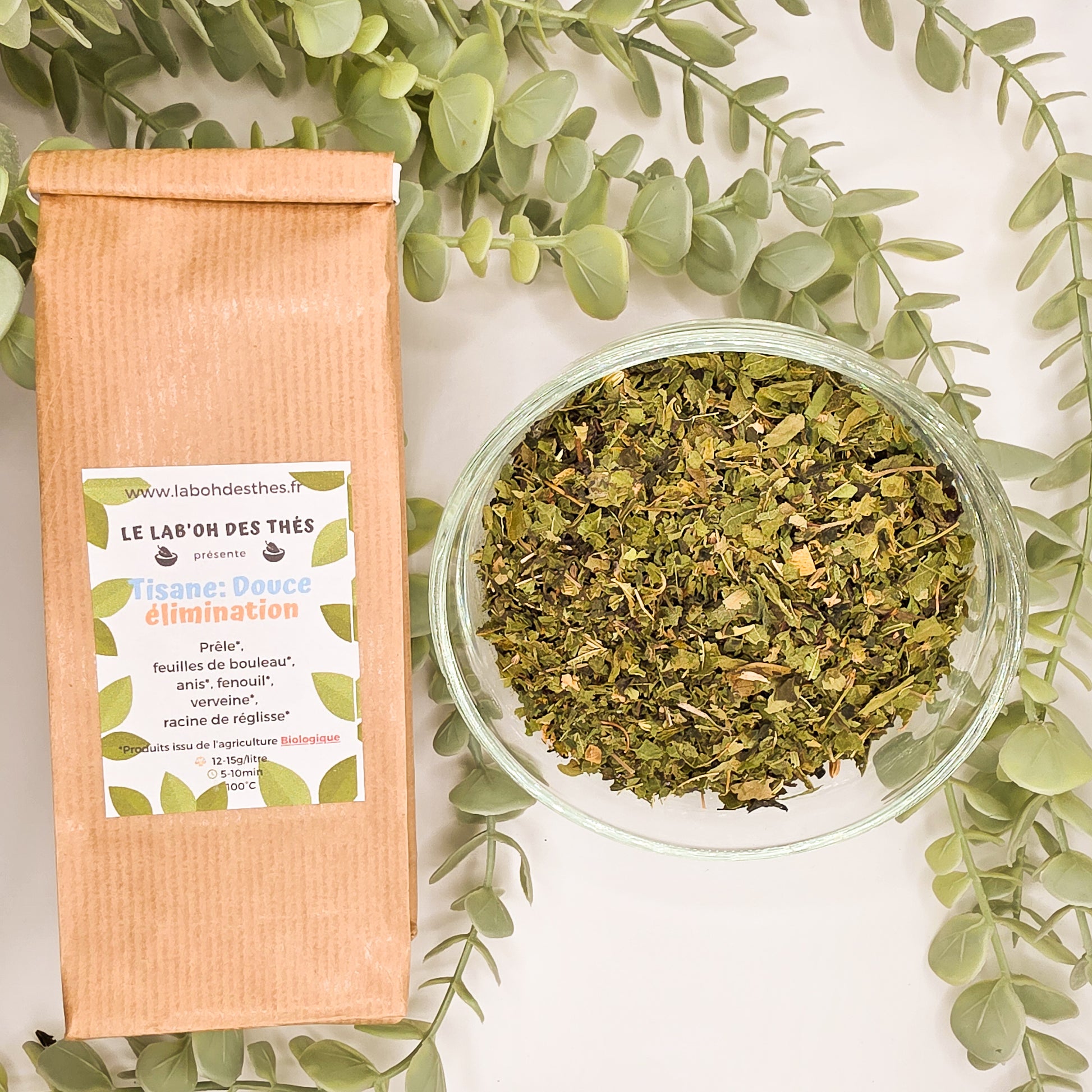 Tisane Douce Élimination détox drainante – prêle bouleau fenouil – sachet 30g et 90g – Lab'oh des Thés
