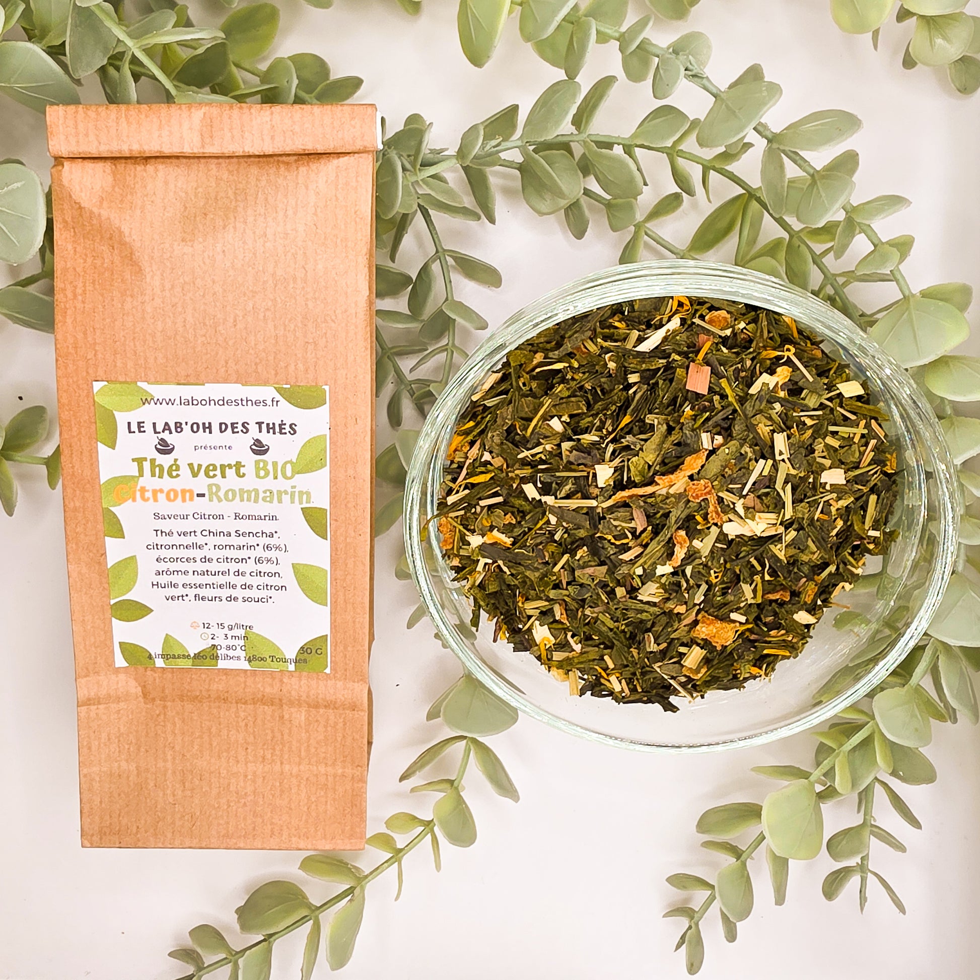 Thé vert Citron-Romarin en sachet – Sencha citronnelle romarin écorces de citron fleurs de souci – Le Lab'oh des Thés