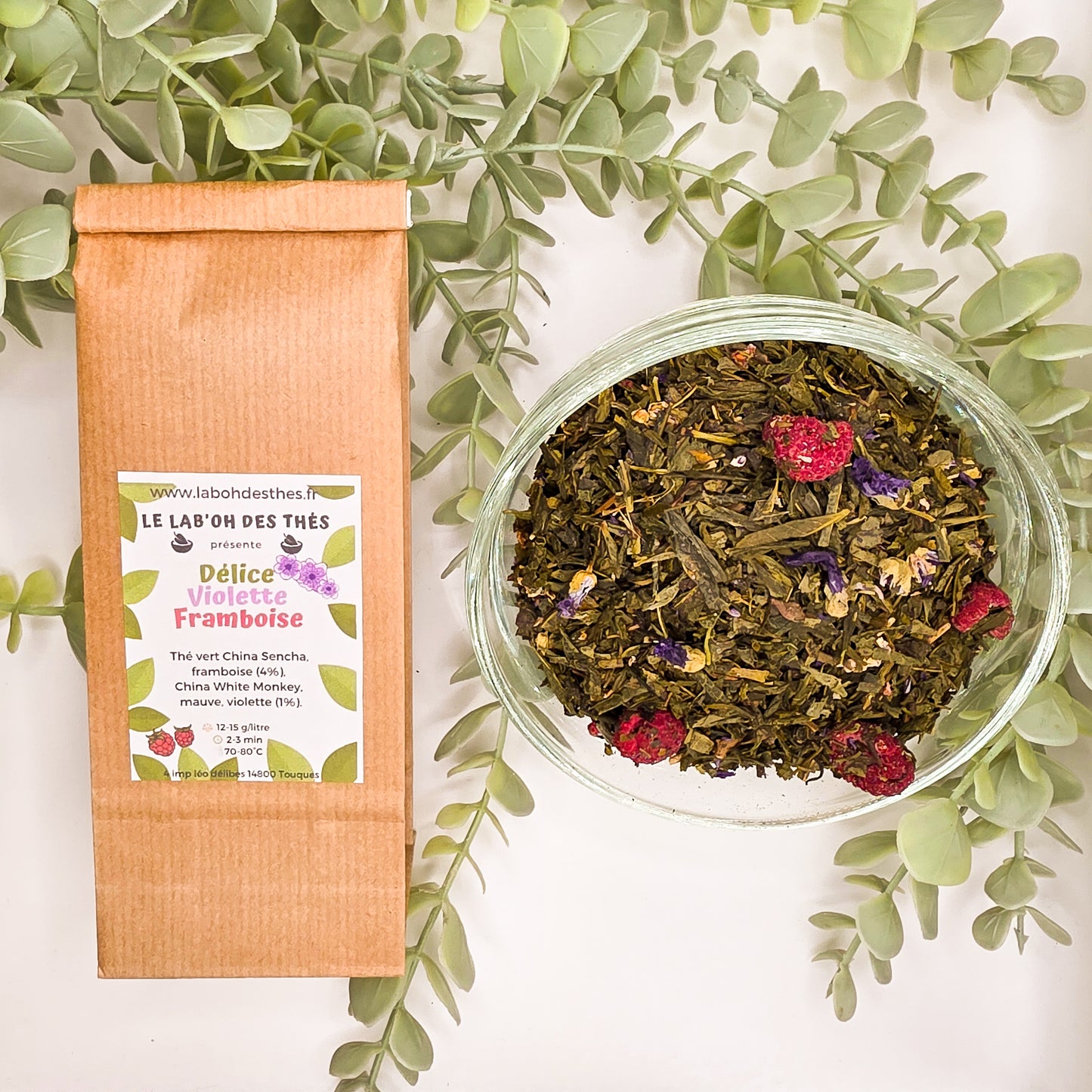 Thé Vert Délice Violette-Framboise en sachet et vrac – Sencha framboise violette mauve – Le Lab'oh des Thés