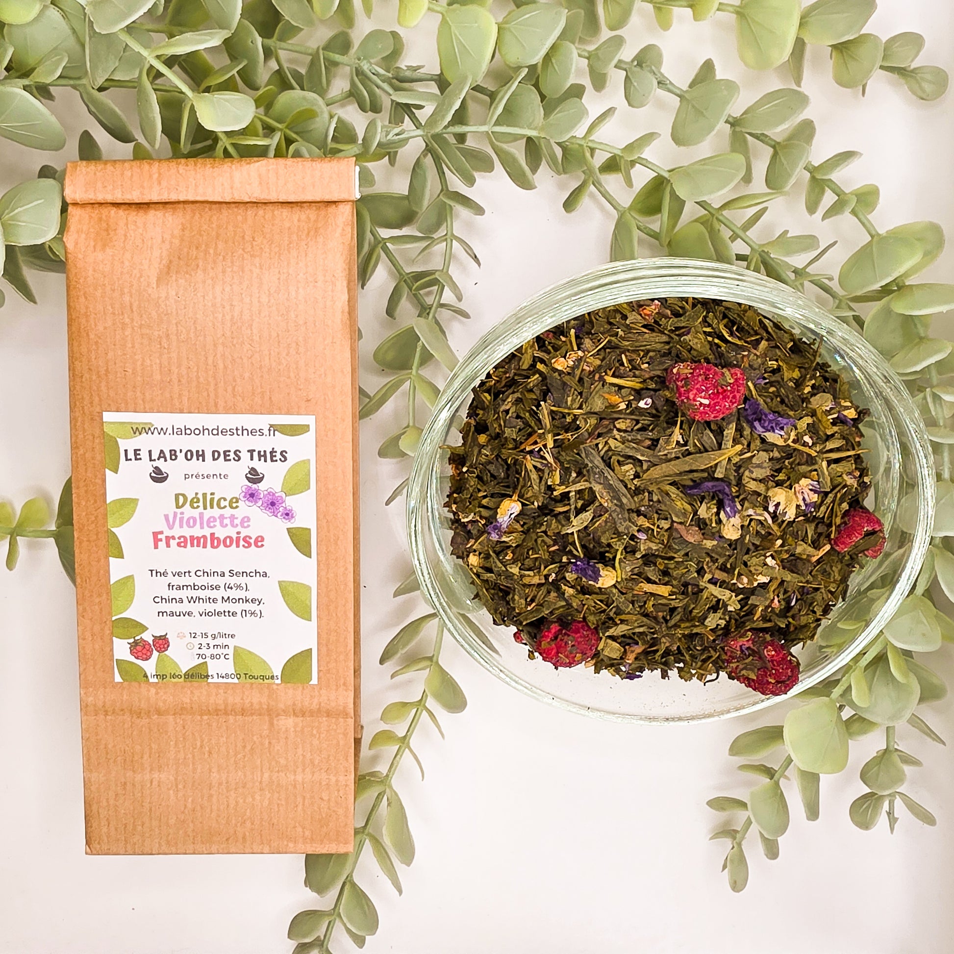 Thé Vert Délice Violette-Framboise en sachet et vrac – Sencha framboise violette mauve – Le Lab'oh des Thés