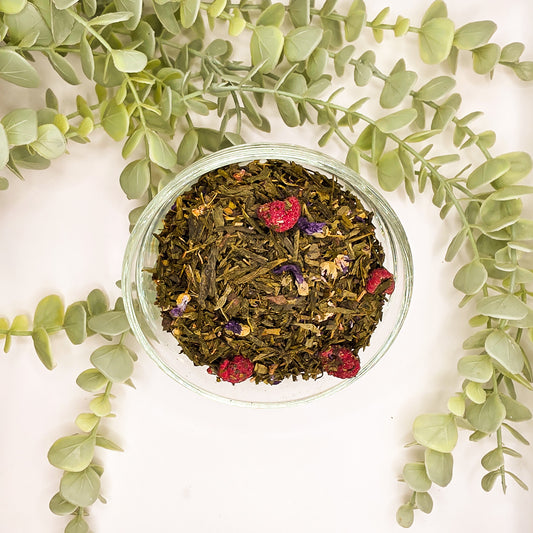 Mélange thé vert en vrac – Sencha China framboise violette White Monkey – Le Lab'oh des Thés